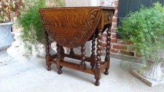   Antique English CARVED Tiger Oak Barley Twist Drop Leaf Sofa End Table
