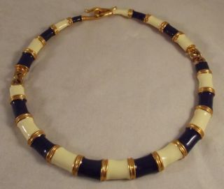 Vtg Donald Stannard Blue & Cream Enamel & Gold Tone Necklace Jewelry