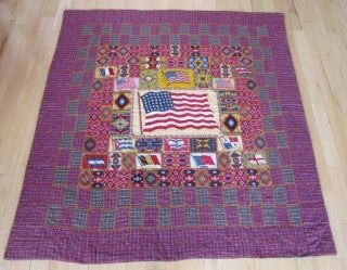 1900s USA 48 Star Flag Quilt Patchwork Cheddar Feather Stitching 