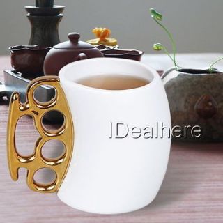 White Mug Golden Knuckle Sleek Ceramic Large Coffee Duster Cup Handle 