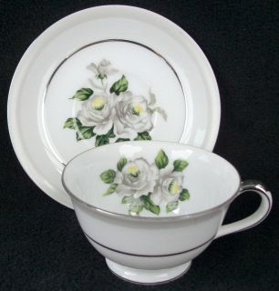 Japan Fine China White Rose Pattern #3939 Footed Cup & Saucer Set 2 1 