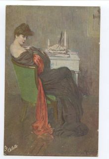 art Glamour Parisian Lady at writing Desk original old 1910s postcard 