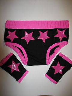 Pro Wrestling Trunks & wrist gloves black with hot pink stars design 