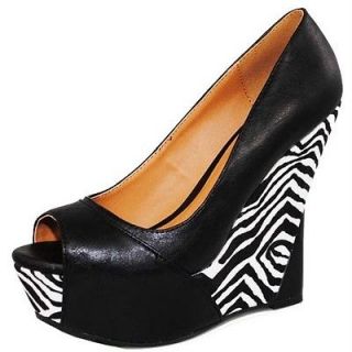   Shoes High Heel Platform Wedge Black Zebra Animal Print Black & Red