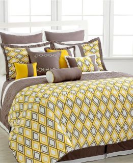 11 pc Earthan Queen Yellow Gray Beige Diamond Pattern Comforter set
