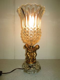 Vintage Cherub Angels Table Lamp Crystal Tulip Shade & Crystal Base 