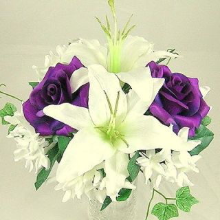 Artificial Polyester Silk Flower Wedding Dark Purple Rose Lily Bouquet