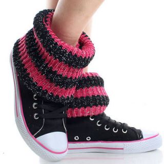 Black Pink Canvas Knit Sock Top Sneakers Womens Flat Knee High Boots 