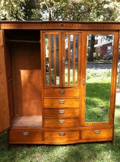 Antique European Oak Wardrobe w/ Double Mirrored Closet Doors