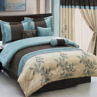   Blue/Brown/Beige Luxury 7 piece Comforter Bedding Set, Queen or King