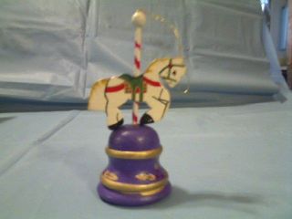 WOOD WOODEN CAROUSEL HORSE ON PURPLE BELL CHRISTMAS ORNAMENT MADE IN 