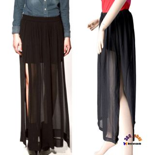 Half Sheer Slits Chiffon Maxi LONG SKIRT With Mini Skirt Lining 
