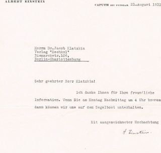 ALBERT EINSTEIN   Typed letter, 21st August 1931, on his personal 