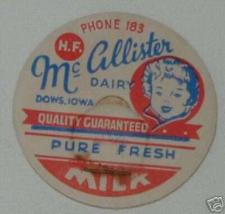 DC(10)Vintage 1930 Milk Bottle Caps Dows Iowa, Ph #183