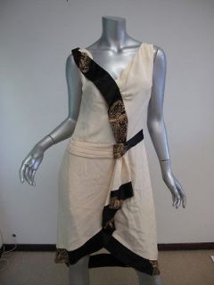 Mayle Cream/Black & Gold Trim Sleeveless Pleated Waist V Neck Dress 6