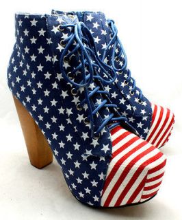 Ladies Blue Red and White American Flag Print high chunky heel ankle 