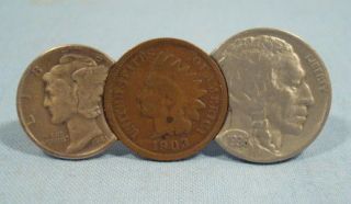 TIE CLIP 3 Coins 1943 Mercury Silver Dime, 1903 Indian Cent, 1936 