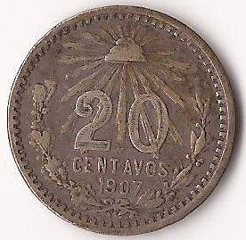 MEXICO 1907 20 CENTAVOS Silver Coin ~ Estados Unidos Mexicanos 27/32 