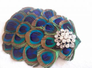 New handmade peacock feather fascinator with vintage diamante button