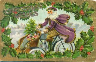 lot of 3 embossed christmas postcards purple coated santa on 3 wheel 