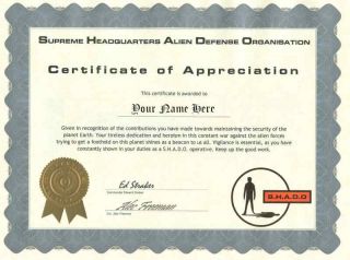 UFO SHADO Certificate of Appreciation   Personalized
