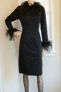 Black SATIN/Ostrich FEATHER Cocktail Dress Pencil Skirt WIGGLE DRESS S