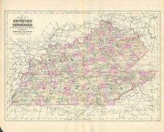 1888 Hand Color Map of KENTUCKY and TENNESSEE A 124 Year Old Original 