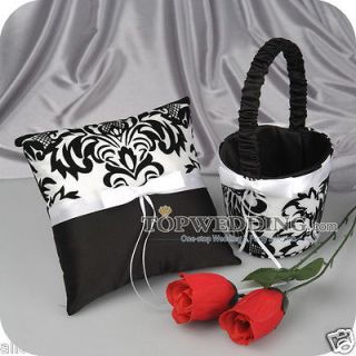 New Classic White & Black Bow Satin Flower Girl Basket Ring Bearer 