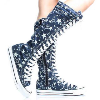 Blue Denim Canvas Star Lace Up Women Jean Knee High Boot Sneakers Size 