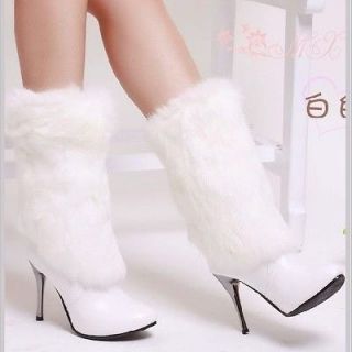 White Women Short Ankle Boots Faux Fur Thin High Heel Shoes US Size 7 