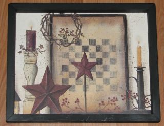PRIMITIVE COUNTRY BARN STAR CANDLE BERRIES CHECKER BOARD WALL DECOR 