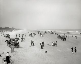   BEACH FLORDIA FUN 1906 PHOTO HORSES WAGONS OCEAN WAVES SAND BICYCLES