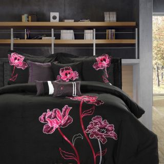   Orchid Black, Pink, Plum 8 Piece Queen Comforter Bed In A Bag Set NEW