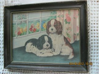 Vintage English Setter Dogs Puppies Print w Embroidery Framed 9.25 x 7 