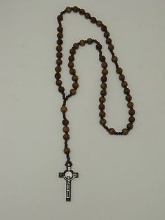  All Wood Round Beaded Olive Cross Rosary Necklace Saint Benedict 32