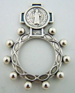 Silver Gilded Saint Benedict Cross Rosary Ring Jesus NR
