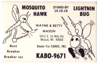 QSL CB Radio Card Michigan MI Mesick KABO 9671 Lightning Bug Mosquito 