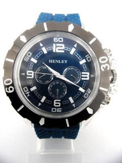 MENS BLUE HENLEY SPORTS WATCH TYRE TRACK SILICONE STRAP & GIFT BOX 