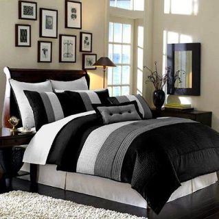 12pcs Black White Grey Striped Comforter Set + Window Curtain, Cal 