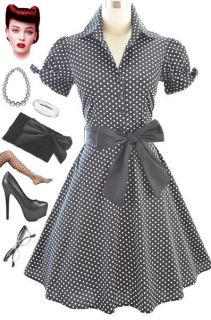 50s Style BLACK POLKA DOT Tie Sleeve Full Skirt Rockabilly PINUP Dress 
