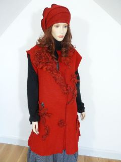 Zuza Bart lagenlook red felted wool sleeveless jacket/ bodywarmer XL 