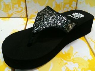 NEW Yellow Box LUCY SILVER Black Glitter Flip Flop Wedge Sandal Shoe T 