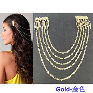 Occident Fashion Golden Metal Long Tassel Chains Cuff Hair Combs Women 