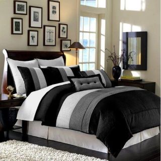 Black Grey and White Luxury Stripe Queen Size 8 Piece Bedding 