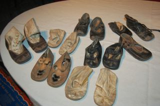LARGE LOT OF EARLY 1900S LEATHER BABY AND TODDLER SHOES AND HIGH TOP 