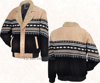Mens Tan/Black Southwestern Western Suede Leather Jacket Coat Faux 