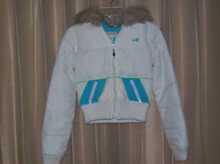 HOLLISTER junior short jacket. size SM. White/Turquoise trim. Feather 