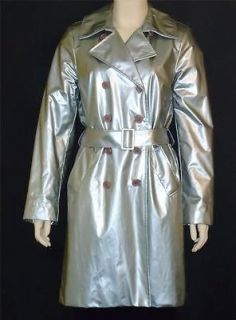 ELLIOTT LAUREN double breasted shiny SILVER belted RAINCOAT jacket   4