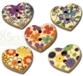 100Pc Mixed Flower Heart Wood Sewing Buttons B11160
