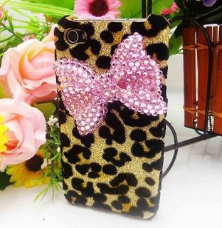   Rhinestones Pink Bow Yellow Leopard Case Cover for iPhone 4 4S @#r